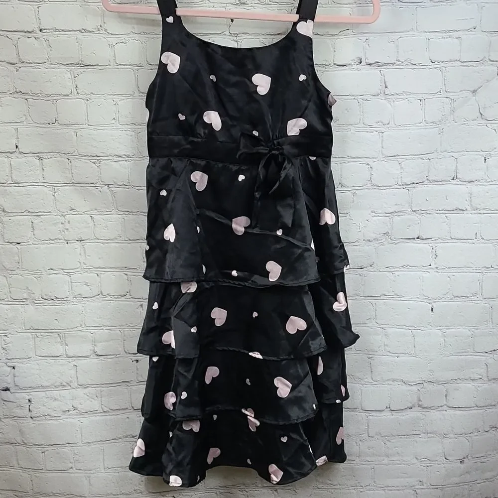 Justice Girls Heart Print Tiered Party Dress Black Pink Fit & Flare 14 Occasion